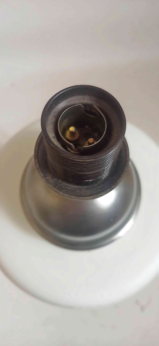 Image 1 of Lampe De Sol Double Éclairage Opaline Blanche Effet Givré Marbrures Brunes 