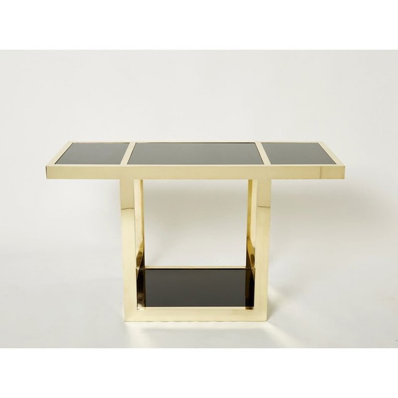 Image 1 of Console vintage en laiton et verre opalin noir, Italie 1970