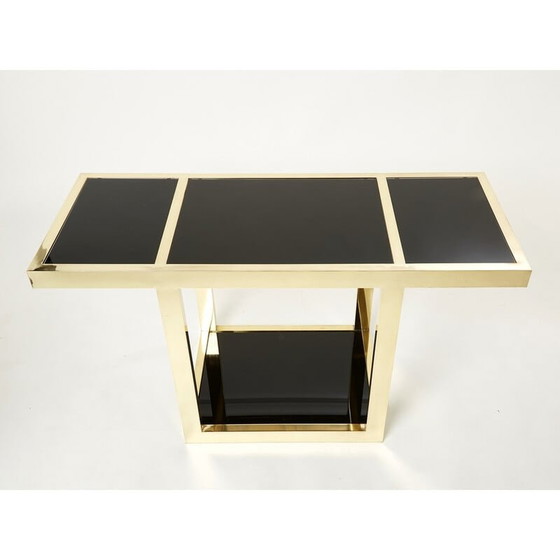 Image 1 of Console vintage en laiton et verre opalin noir, Italie 1970