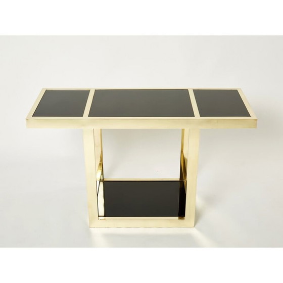 Image 1 of Console vintage en laiton et verre opalin noir, Italie 1970