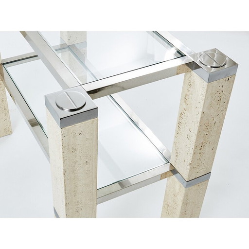 Paire de consoles vintage en travertin et chrome par François Catroux pour Studio Angeletti, Italie 1973