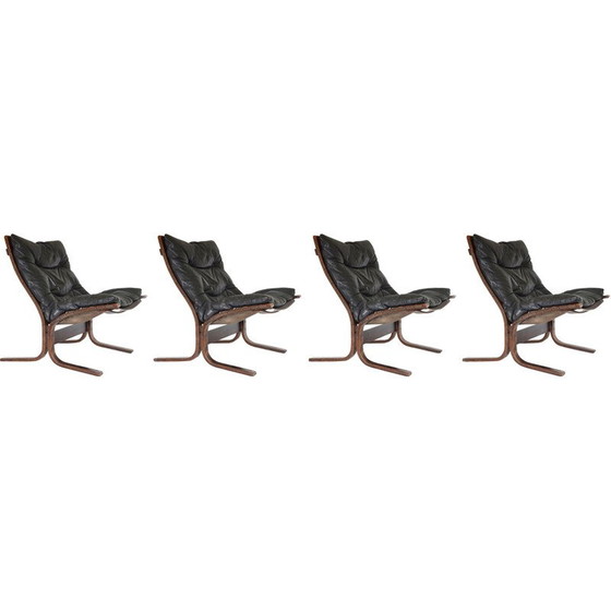 Image 1 of Ensemble de 4 fauteuils Siesta en cuir noir vintage par Ingmar Relling pour Westnofa, Norvège 1960s