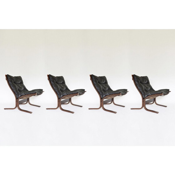Image 1 of Ensemble de 4 fauteuils Siesta en cuir noir vintage par Ingmar Relling pour Westnofa, Norvège 1960s