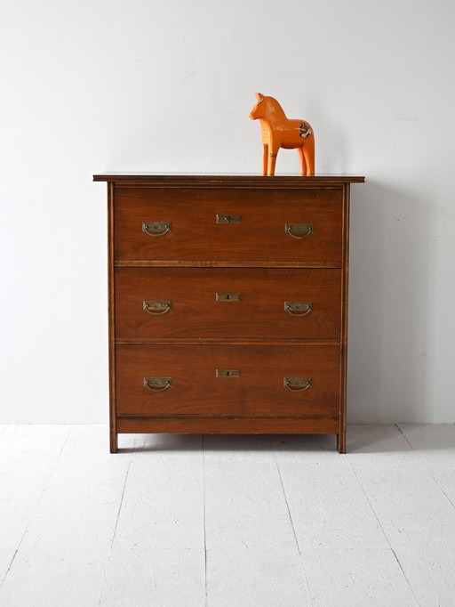 1940S Vintage Art Deco Wood Chest Of Drawers With Gold Metal Handles, Mid-Century Modern Design
