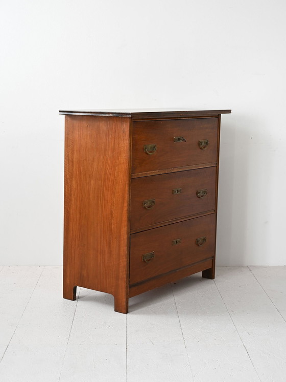 Image 1 of 1940S Vintage Art Deco Wood Chest Of Drawers With Gold Metal Handles, Mid-Century Modern Design