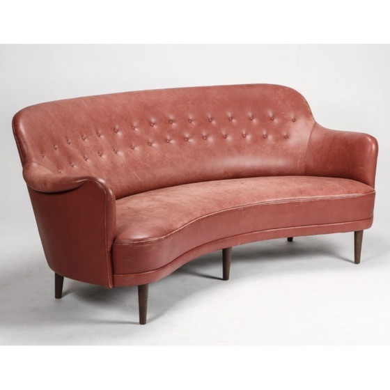 Image 1 of Canapé vintage 3 places incurvé en cuir et hêtre par Carl Malmsten pour OH Sjögren, 1950