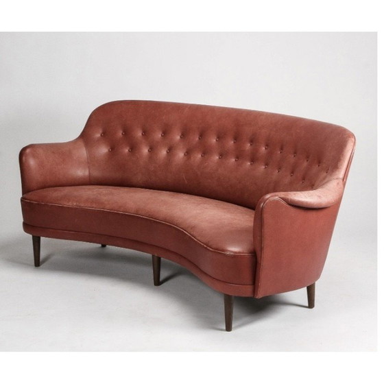 Image 1 of Canapé vintage 3 places incurvé en cuir et hêtre par Carl Malmsten pour OH Sjögren, 1950