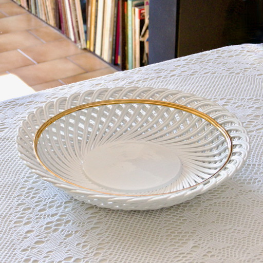 Énorme Coupe Ancienne Signée Bassano En Majolique Tressée Ajourée