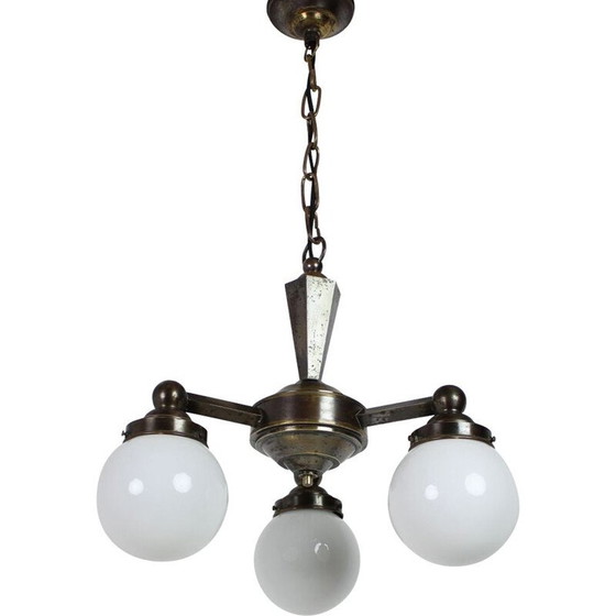 Image 1 of Lustre vintage art déco en métal et verre, Tchécoslovaquie 1920