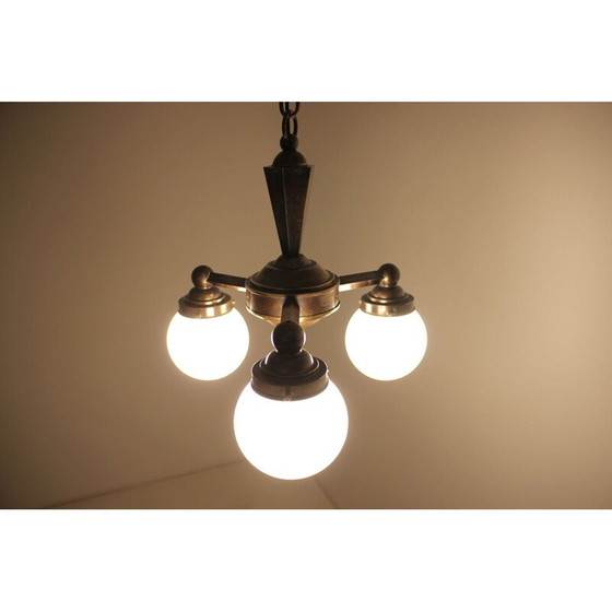 Image 1 of Lustre vintage art déco en métal et verre, Tchécoslovaquie 1920