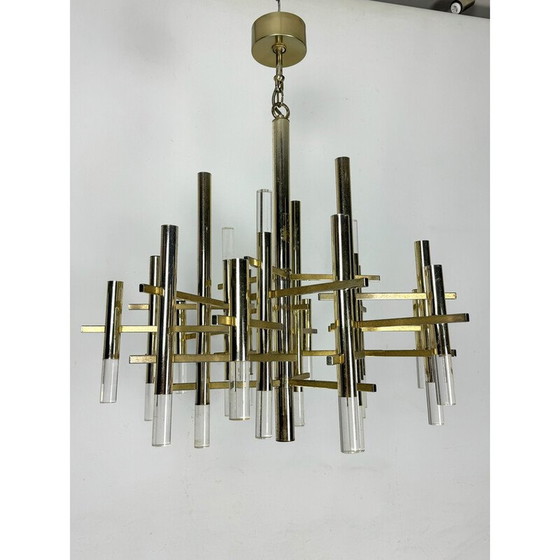 Image 1 of Lustre vintage à 15 lumières en acier chromé et plexiglas pour Sciolari, Italie 1960