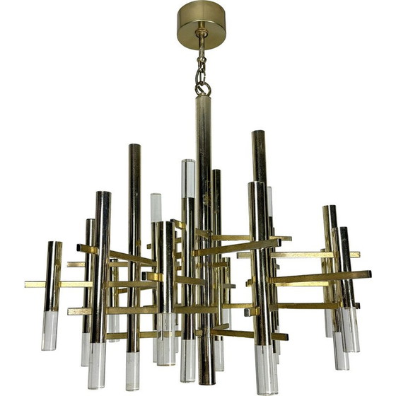 Image 1 of Lustre vintage à 15 lumières en acier chromé et plexiglas pour Sciolari, Italie 1960