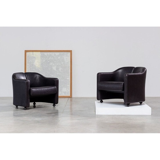 Image 1 of Paire de chaises longues vintage en cuir noir de la série 142 par Eugenio Gerli pour Tecno Milano, 1960