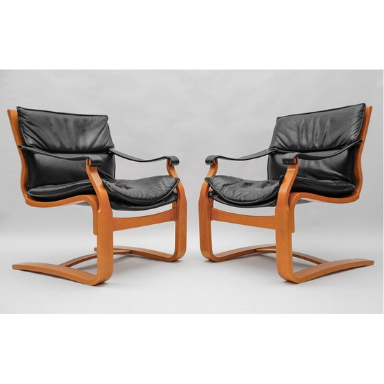 Image 1 of Paire de fauteuils vintage en bois et cuir par Åke Fribytter pour Nelo Kroken, Suède 1960