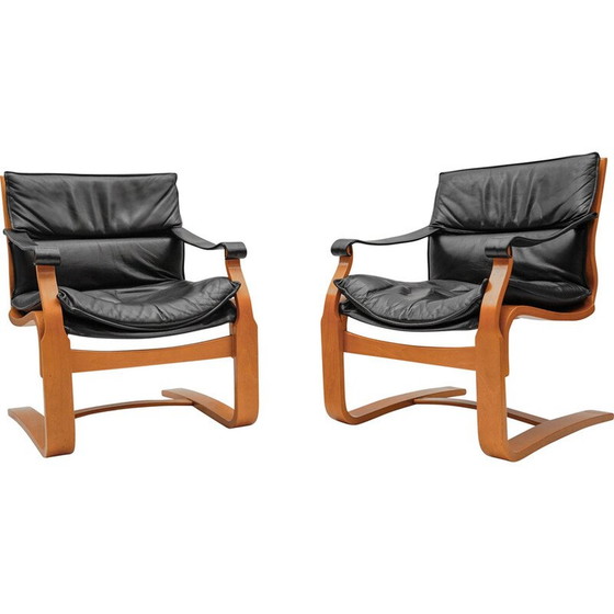 Image 1 of Paire de fauteuils vintage en bois et cuir par Åke Fribytter pour Nelo Kroken, Suède 1960