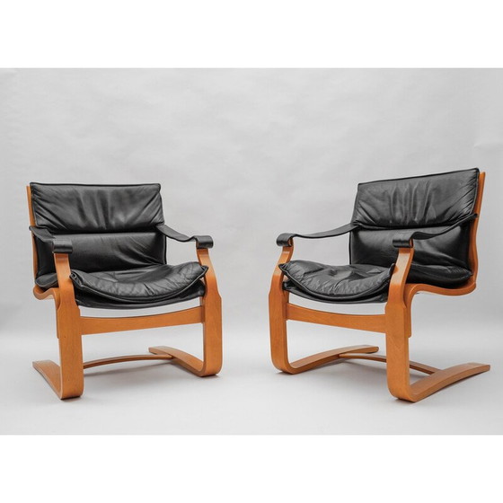 Image 1 of Paire de fauteuils vintage en bois et cuir par Åke Fribytter pour Nelo Kroken, Suède 1960