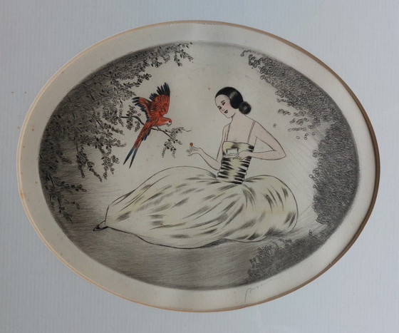 Image 1 of Gravures Art-Déco en couleurs. Intitulée "Fille au perroquet rouge".