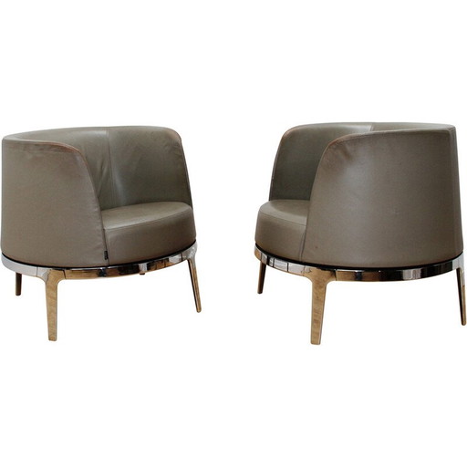 Paire de fauteuils vintage Omni en métal chromé et cuir par Carl Ojerstam pour Materia