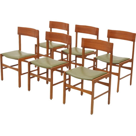 Image 1 of Ensemble de 6 chaises vintage en teck et simili cuir vert, Italie 1960