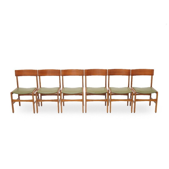 Image 1 of Ensemble de 6 chaises vintage en teck et simili cuir vert, Italie 1960