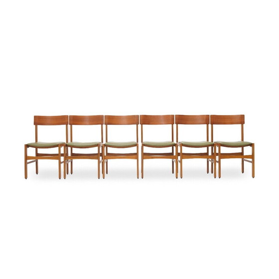 Image 1 of Ensemble de 6 chaises vintage en teck et simili cuir vert, Italie 1960