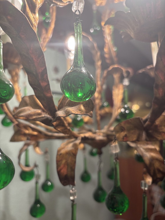 Image 1 of Lustre italien avec gouttes de verre de Murano vert