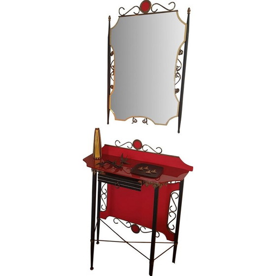 Image 1 of Coiffeuse vintage avec miroir et petit meuble italien 1950s