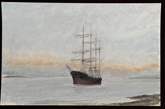 Image 1 of René Marie Dujardin - Magnifique Aquarelle D’Un Navire En Mer. 