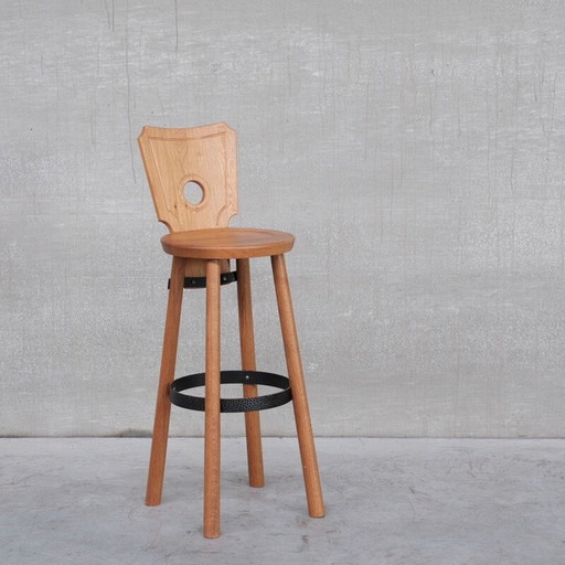 Tabouret de bar en chêne et en fer du milieu du siècle, Hollande, années 1980