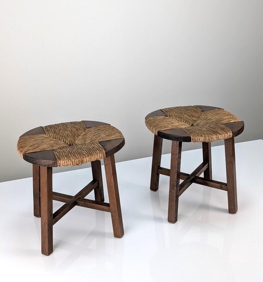 2X Tabourets en chêne avec assise en jonc