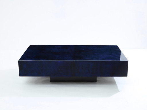 Table basse en parchemin de peau de chèvre bleu foncé par Aldo Tura 1960S