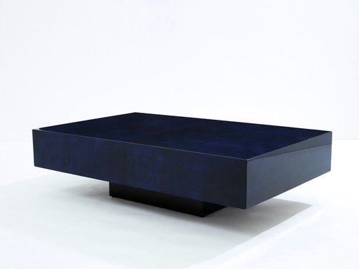 Table basse en parchemin de peau de chèvre bleu foncé par Aldo Tura 1960S