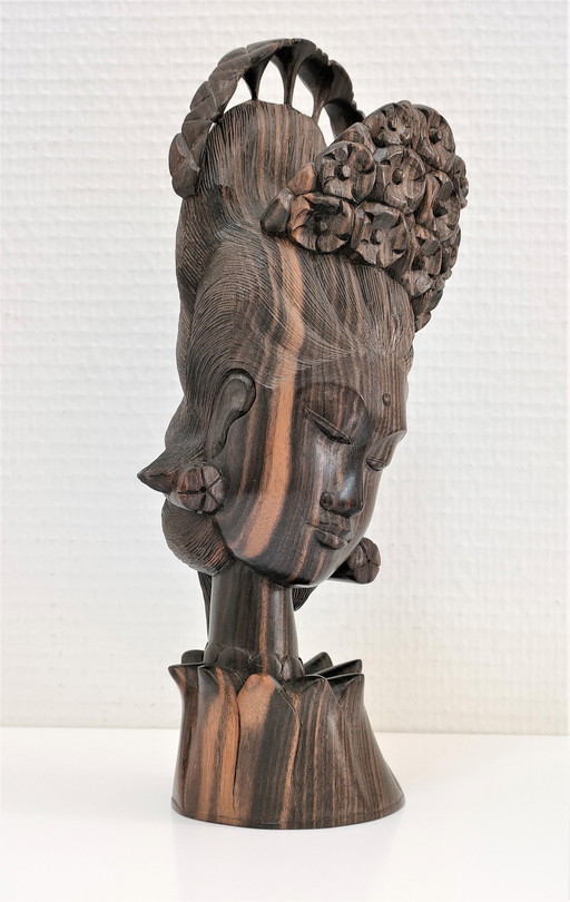 Buste Bois Ébène Femme Coiffe Florale Années 60 - 70