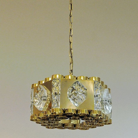 Image 1 of Lampe suspendue vintage en laiton et verre par As Metall, Norvège 1970
