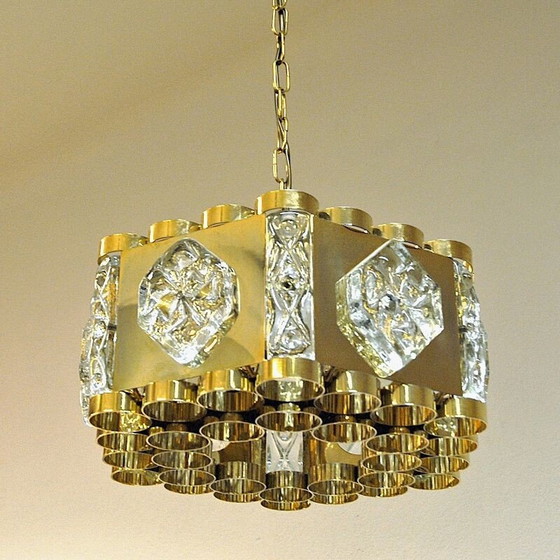 Image 1 of Lampe suspendue vintage en laiton et verre par As Metall, Norvège 1970