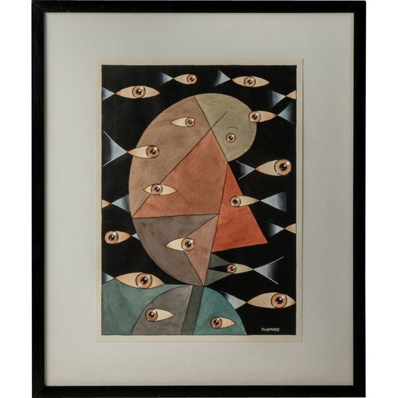 Image 1 of Gouache vintage avec visages abstraits, 1980