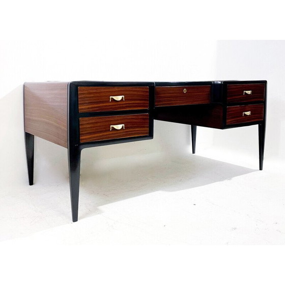 Image 1 of Bureau Mid Century en bois, cuir et laiton