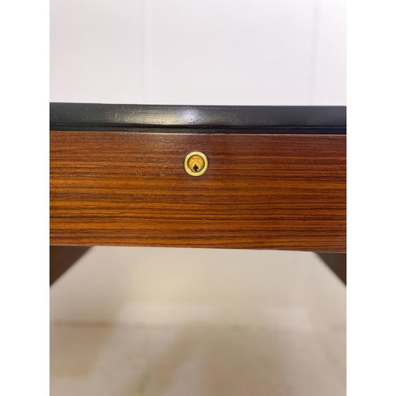 Image 1 of Bureau Mid Century en bois, cuir et laiton