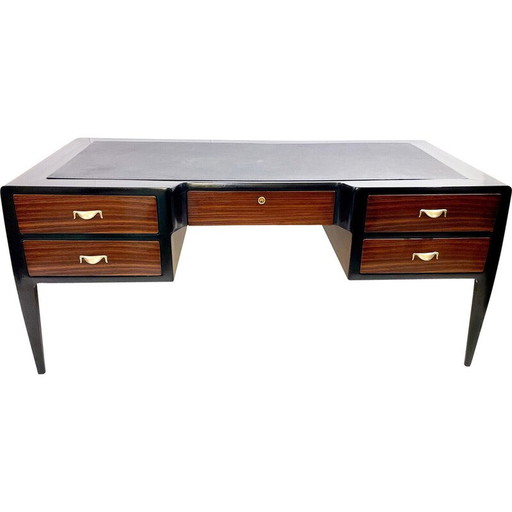 Bureau Mid Century en bois, cuir et laiton