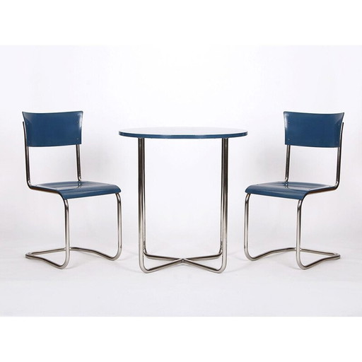 Paire de tables vintage avec 2 chaises en acier nickelé, République tchèque 1930