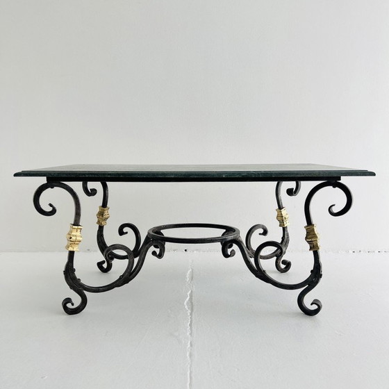 Image 1 of Table basse vintage en fer, laiton et marbre par Raymond Subes