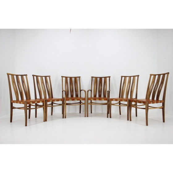 Image 1 of Ensemble de 6 chaises de salle à manger vintage en noyer et cuir par William Pagden, 2001