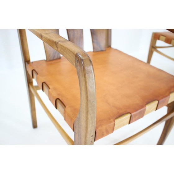 Image 1 of Ensemble de 6 chaises de salle à manger vintage en noyer et cuir par William Pagden, 2001