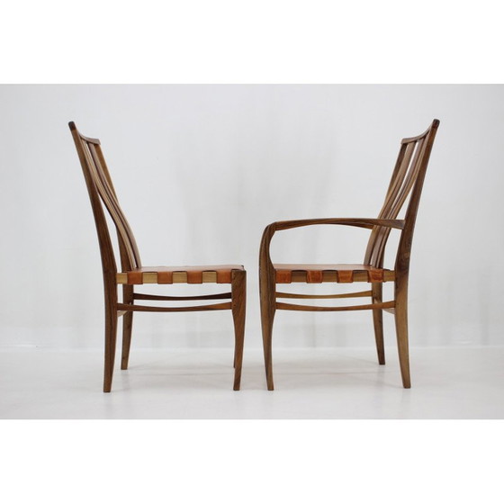Image 1 of Ensemble de 6 chaises de salle à manger vintage en noyer et cuir par William Pagden, 2001
