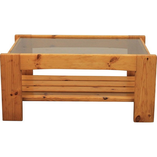 Table basse vintage en pin et verre fumé, 1970