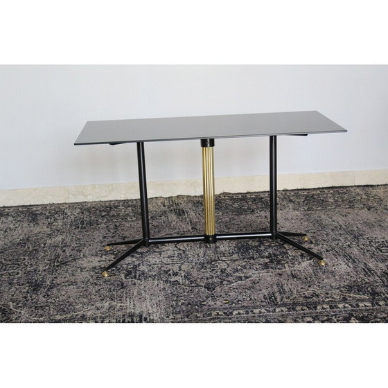Image 1 of Table basse vintage en verre laqué noir avec laiton et fer, Italie 1950