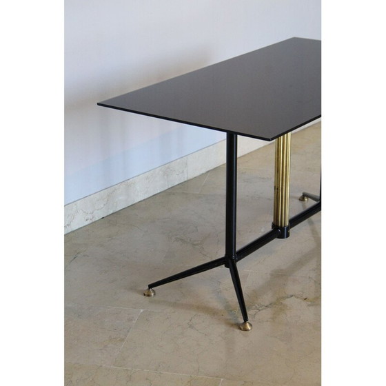 Image 1 of Table basse vintage en verre laqué noir avec laiton et fer, Italie 1950