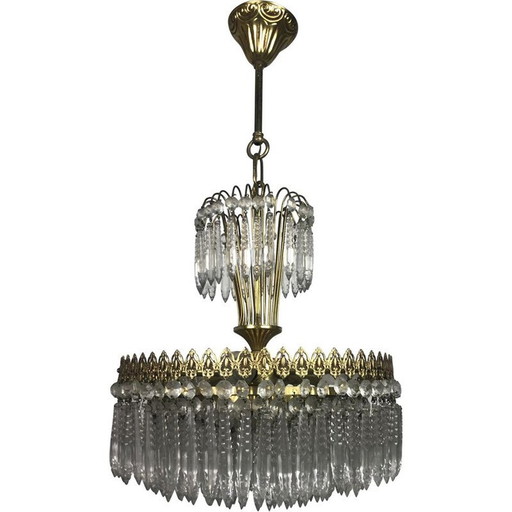 Lustre vintage à couronne de papilles en laiton doré et cristal, 1970