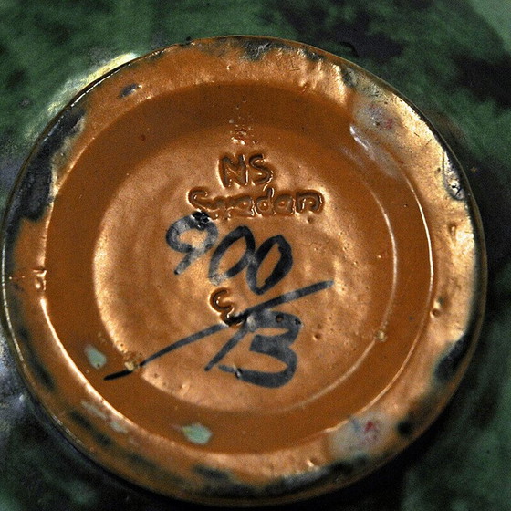 Image 1 of Plat vintage en grès émaillé vert par Nittsjö Keramik, Suède 1940