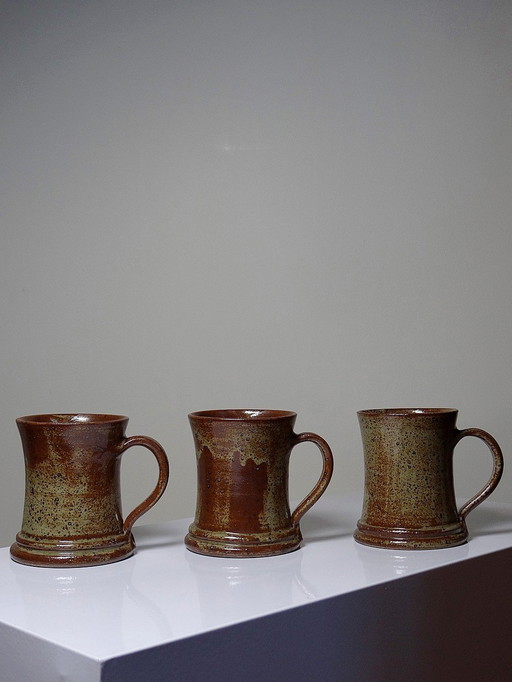 Trio De Chopes À Bière Ou À Cidre En Grès Pyrité Artisanal Vintage